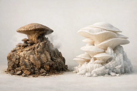 Illustratie die het verschil tussen magic truffels en paddo’s symboliseert in een natuurlijke setting