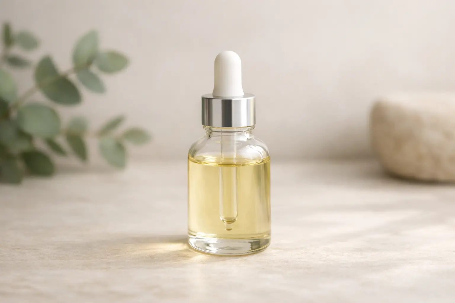 CBD olie in een minimalistische en rustige setting met natuurlijke materialen