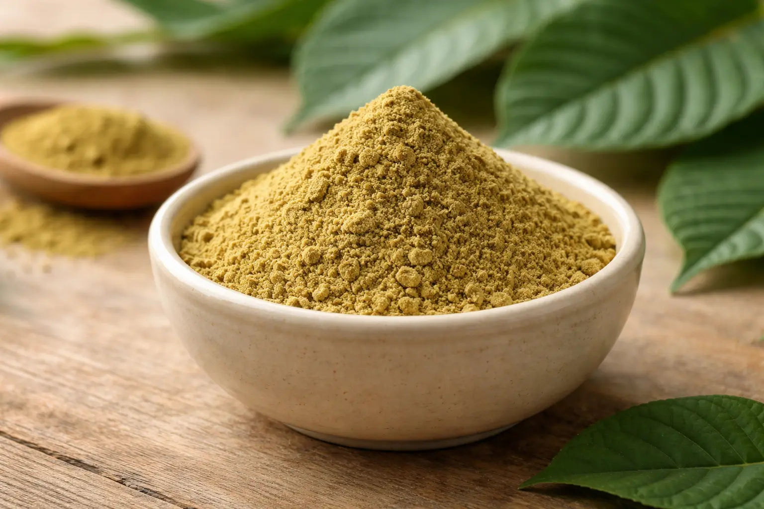 Yellow Kratom poeder met lichte goudgele kleur, gefotografeerd als botanisch product op natuurlijke achtergrond