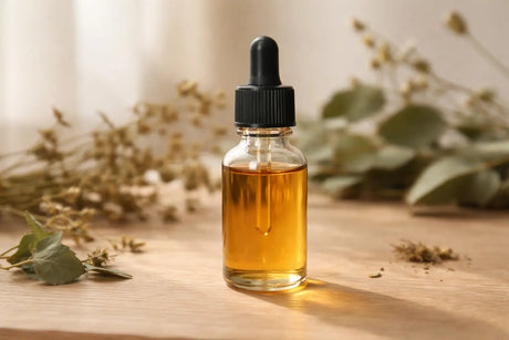 Botanical tincture in a glass dropper bottle with amber-colored liquid on a natural background