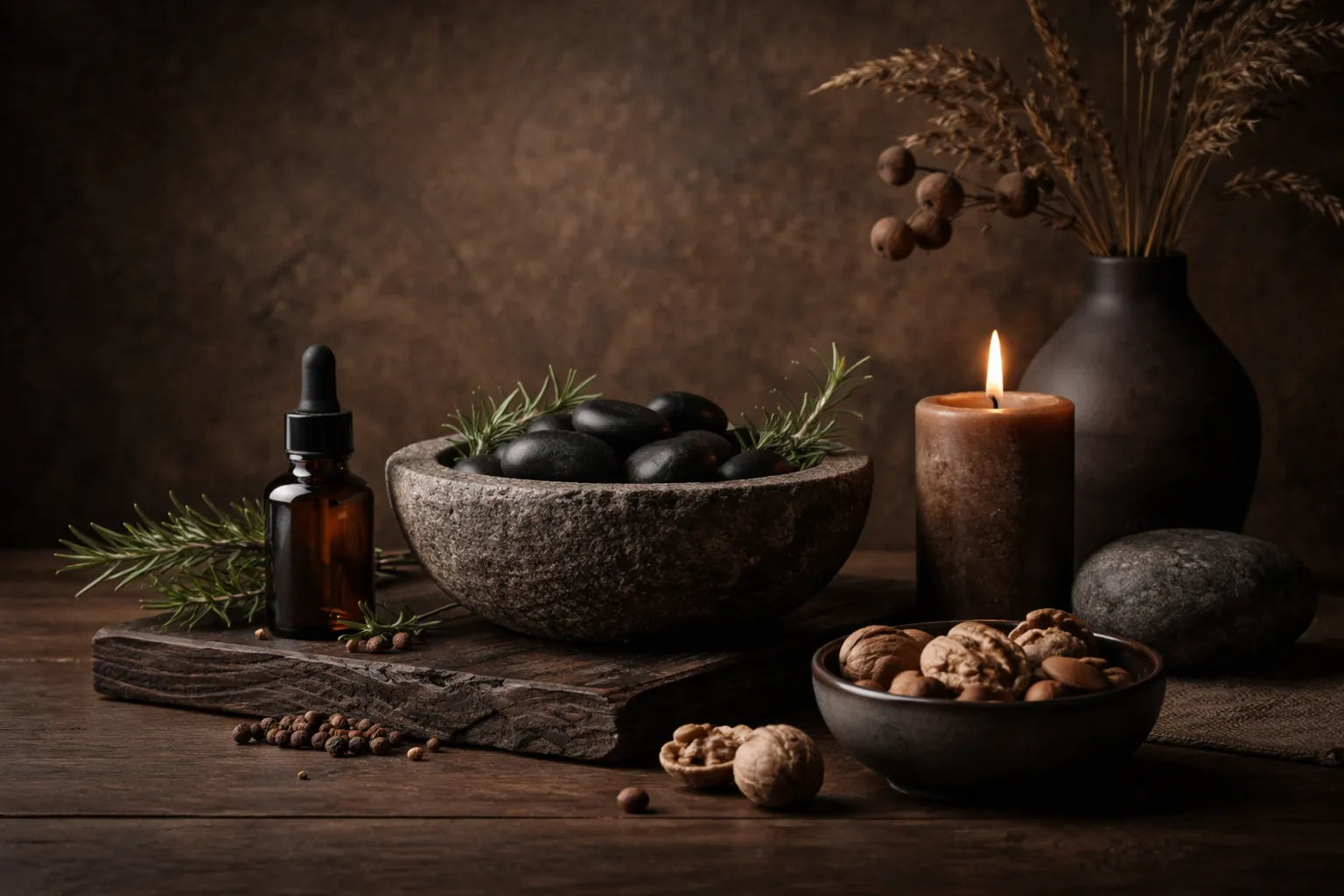 Stilfuld og rolig komposition med naturlige materialer i varme, maskuline toner