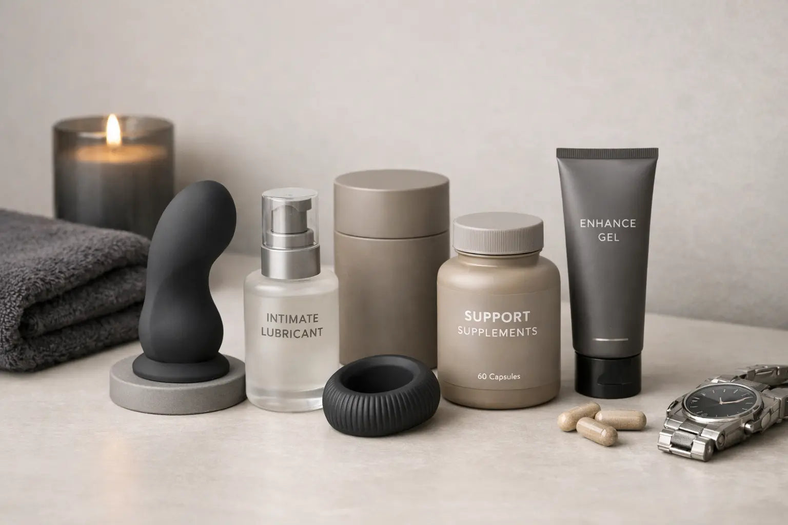 Intimiteitsproducten voor mannen discreet gepresenteerd op een minimalistische achtergrond