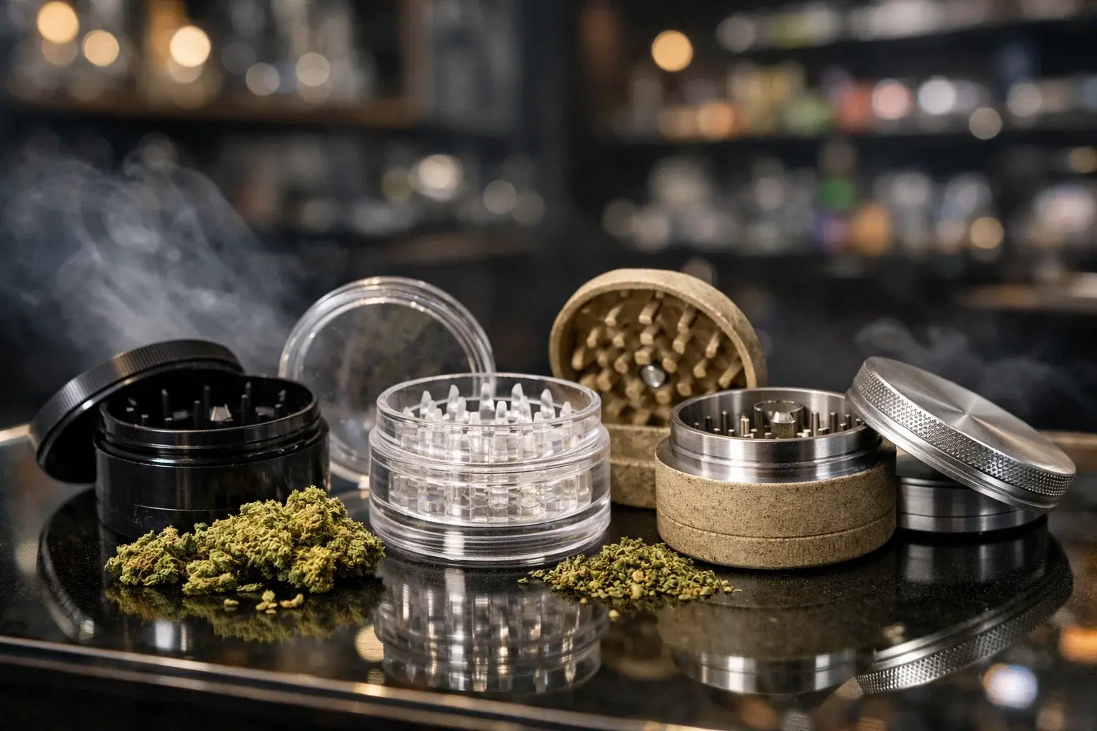  Different herb grinders including plastic, hemp, transparent, and metal models displayed on a headshop counter.