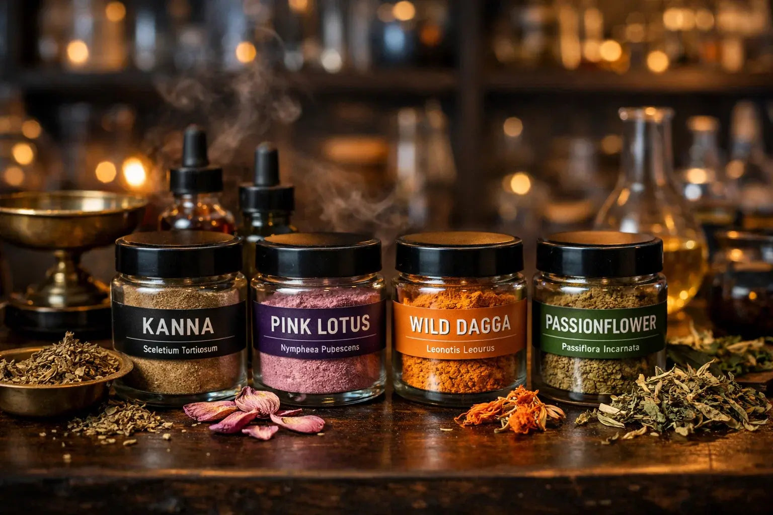  Forskellige urteekstrakter, herunder kanna, lyserød lotus og vild dagga, udstillet i en smartshop-produktomgivelse.
