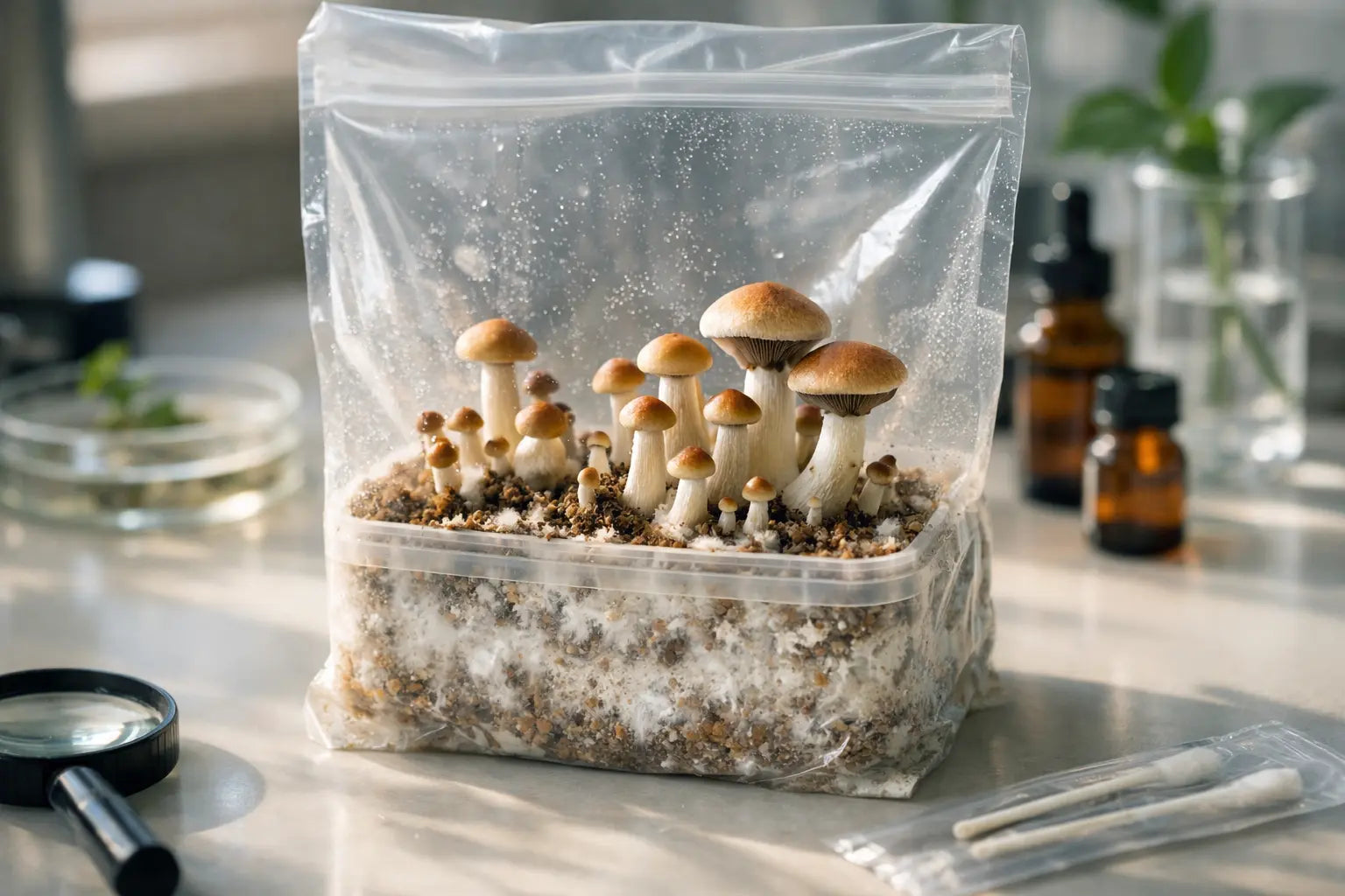  Mushroom growkit with visible mycelium and small mushrooms growing inside a controlled indoor setup.