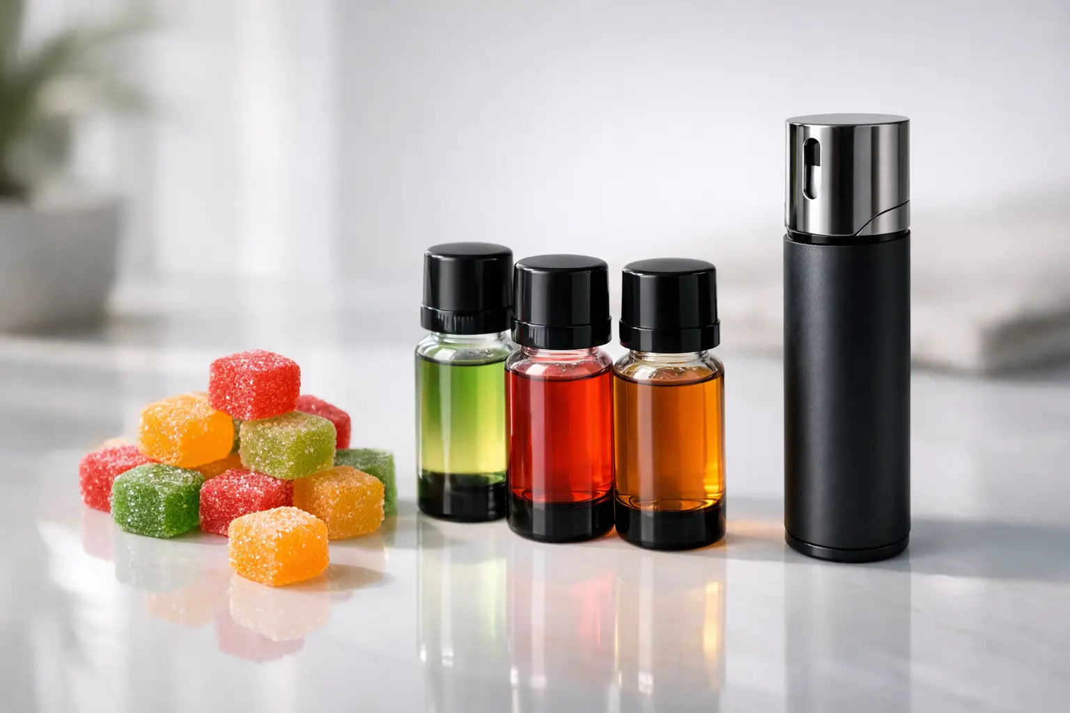 Overzicht van THC producten zoals gummies, shots en mondspray op een moderne minimalistische achtergrond