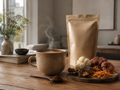 Clearly Not Coffee mushroom cacao drink with functional mushrooms in a modern wellness setting
