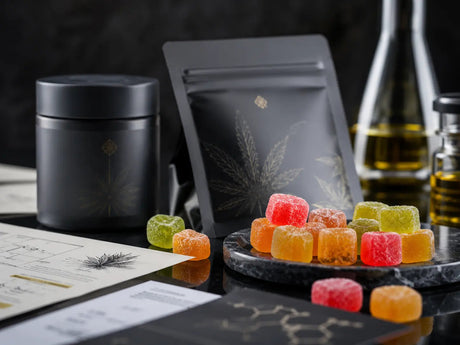 Premium HHC gummies with cannabinoid packaging and laboratory quality reports in a modern smartshop setting