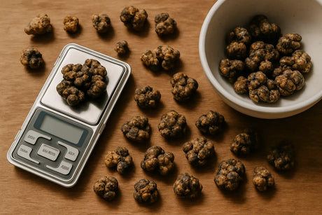Overheadfoto van verse magic truffels op houten tafel met weegschaal en natuurlijk licht.