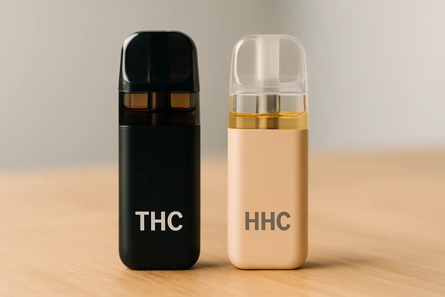 HHC vape naast THC vape op houten tafel – visueel overzicht van verschillen tussen de twee vapes.