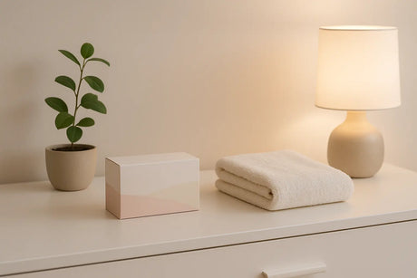 Discreet wellnessproduct in een stijlvolle en rustige slaapkameromgeving.