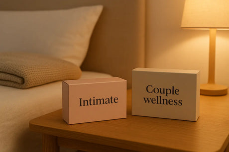 Discreet verpakte intimiteitsproducten voor koppels in een rustige slaapkameromgeving.