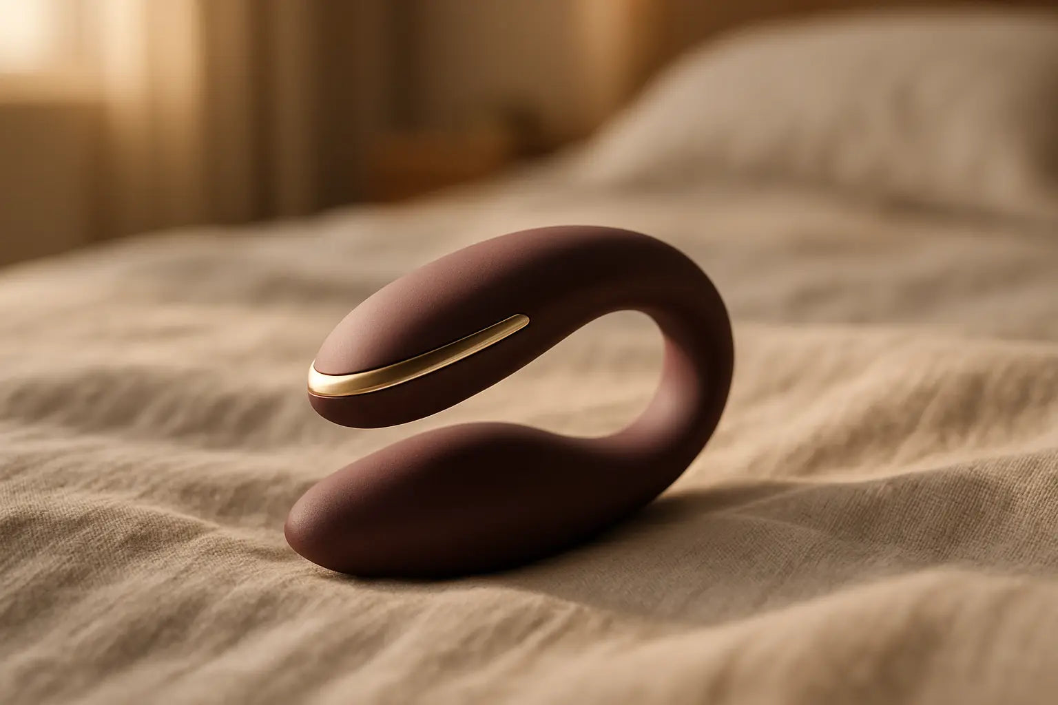 Premium koppels-vibrator op zacht linnentextiel in warme sfeervolle setting.