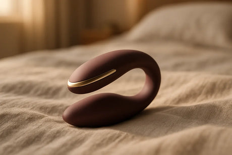 Premium koppels-vibrator op zacht linnentextiel in warme sfeervolle setting.