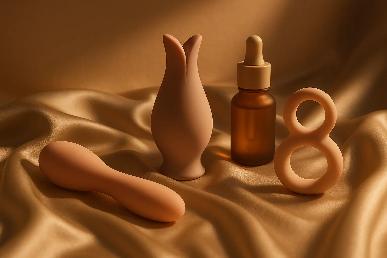 Minimalistische wellness- en intimiteitsproducten in zachte pasteltinten, geschikt voor de erotica categorie.