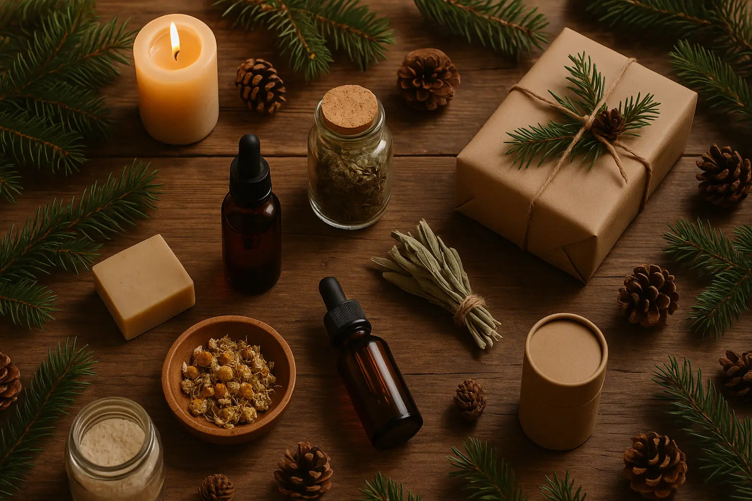 Alternatieve kerstcadeaus met natuurlijke wellnessproducten in een warme wintersetting