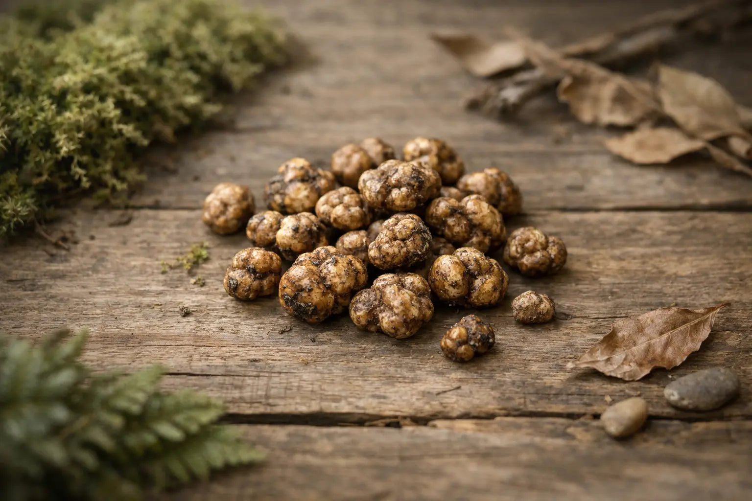 Magic truffels op een houten ondergrond met natuurlijke uitstraling en zachte belichting