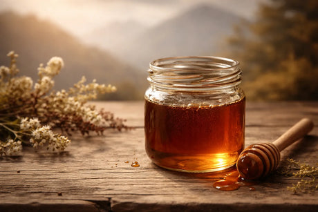 Glazen pot met donker amberkleurige honing in een warme en natuurlijke setting