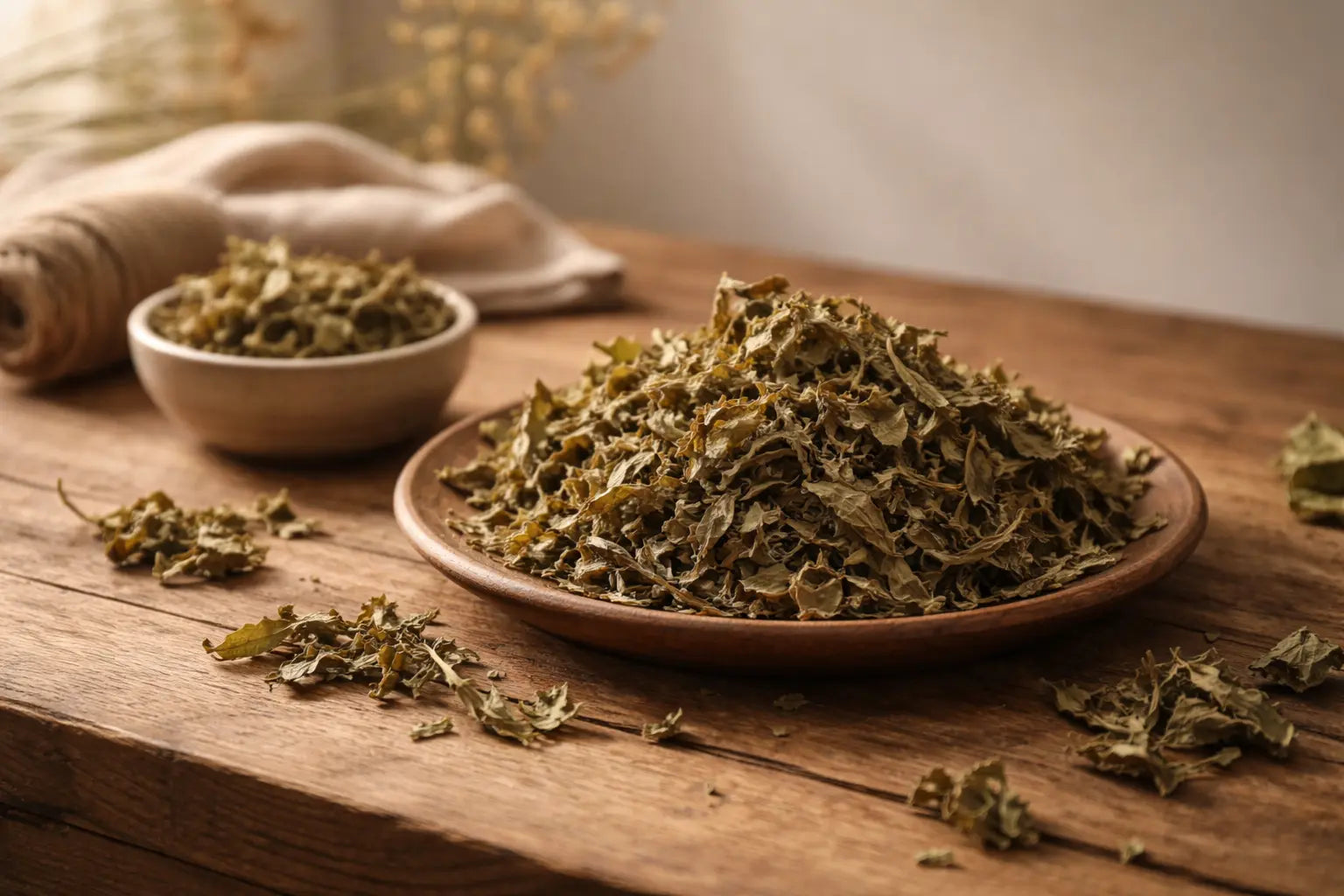 Gedroogde damiana bladeren in een warme en natuurlijke minimalistische setting