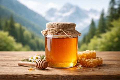 Glazen pot met Real Mad Honey Nepal tegen natuurlijke achtergrond.