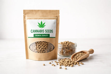 Verpakking van Pure Gelato Fem Vision Seeds met zaden in neutrale setting.