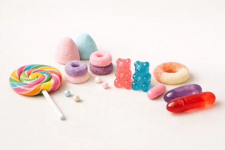 Speels gepresenteerde snoepjes in een neutrale en minimalistische setting