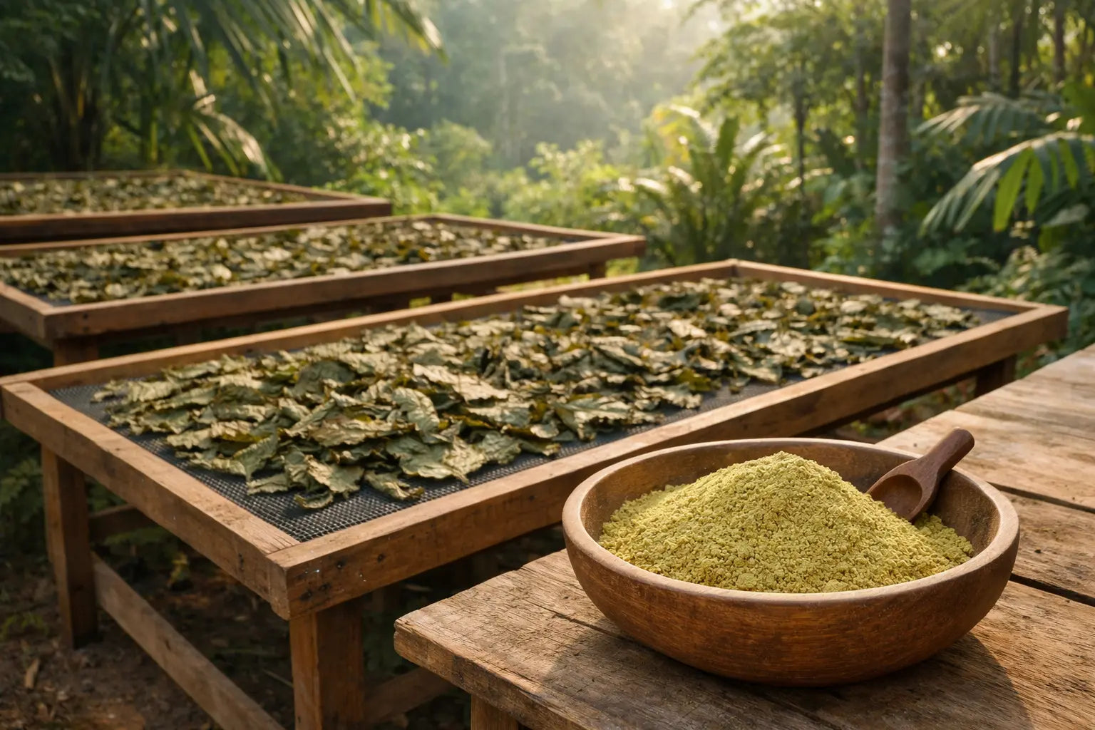 Processing of kratom leaves into yellow kratom powder in a tropical environment