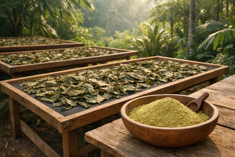Processing of kratom leaves into yellow kratom powder in a tropical environment
