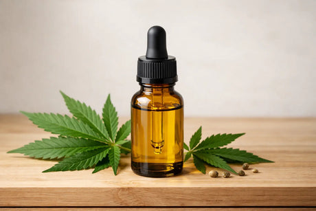 CBD oil dropper bottle with hemp leaves on a wooden surface
