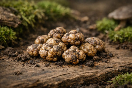 Fresh magic truffles on a natural wooden surface with moss