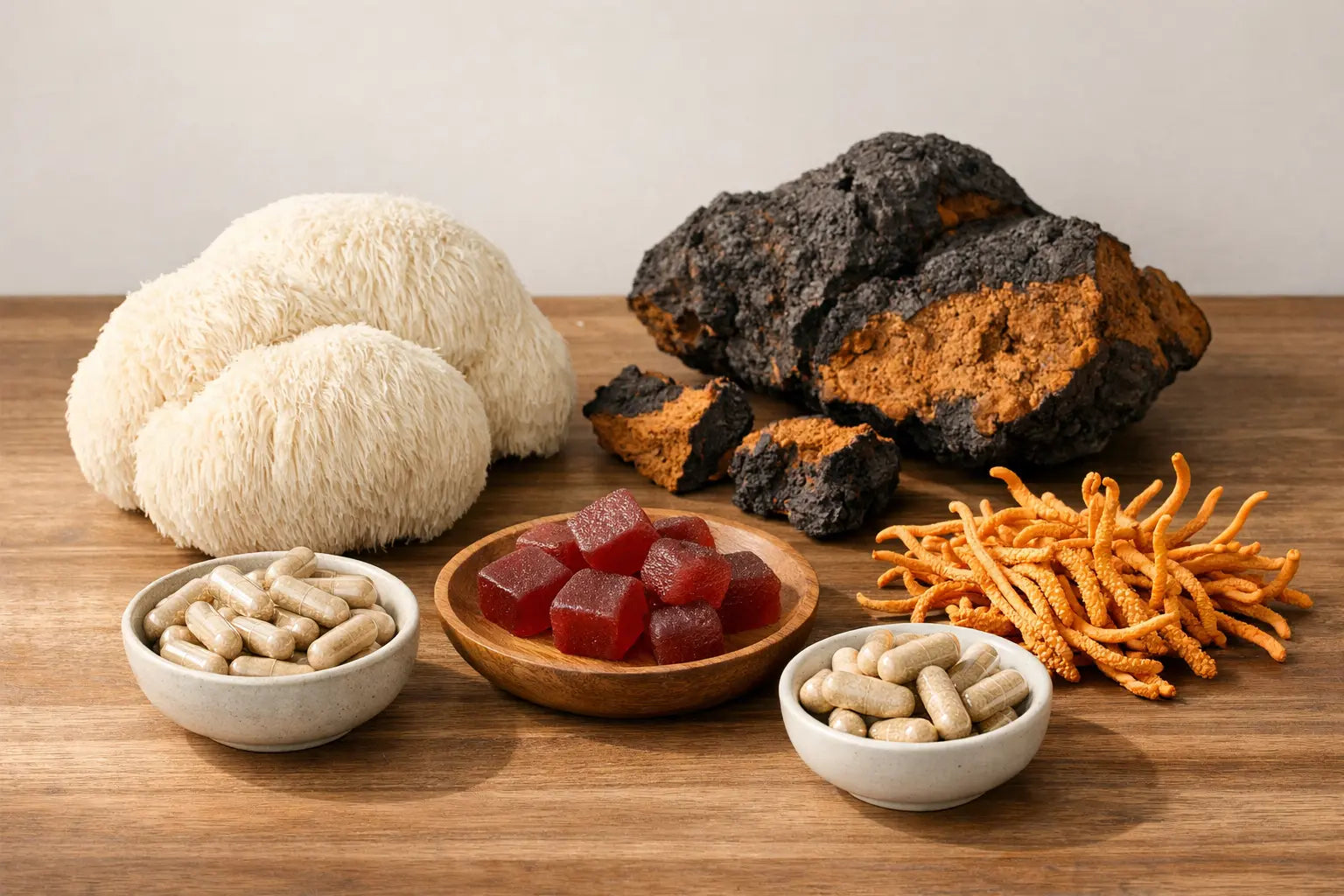 Functional mushrooms with capsules and gummies on a wooden surface