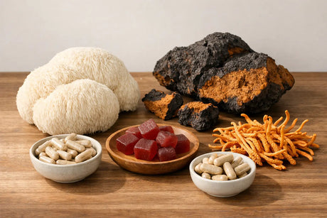 Functional mushrooms with capsules and gummies on a wooden surface