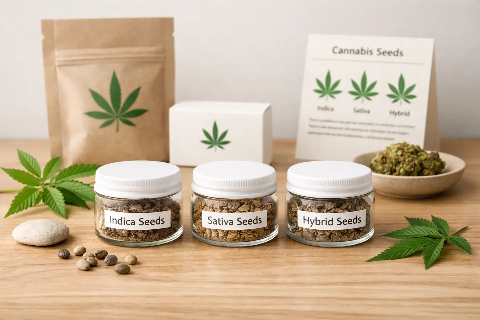 Cannabis seeds in labeled containers on a wooden surface