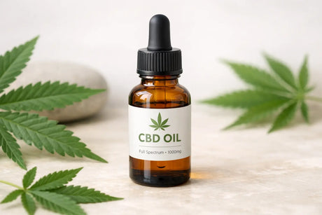 CBD olie flesje met druppelaar en hennepbladeren op een lichte achtergrond