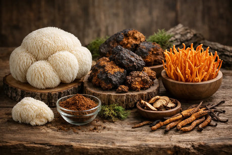 Verschillende functionele paddenstoelen zoals Lion’s Mane, Chaga en Cordyceps op houten ondergrond