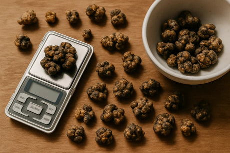 Overheadfoto van verse magic truffels op houten tafel met weegschaal en natuurlijk licht.