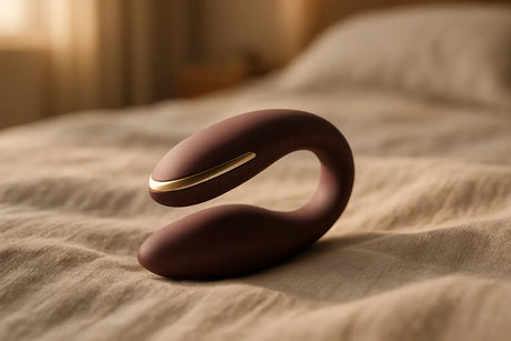 Premium koppels-vibrator op zacht linnentextiel in warme sfeervolle setting.