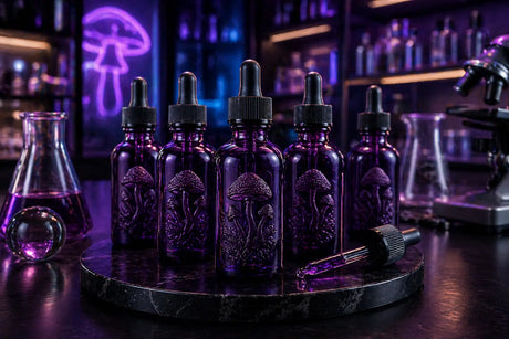 The Drops paddo druppels met 4-HO-MET in Miron glazen flesjes op luxe donkere achtergrond