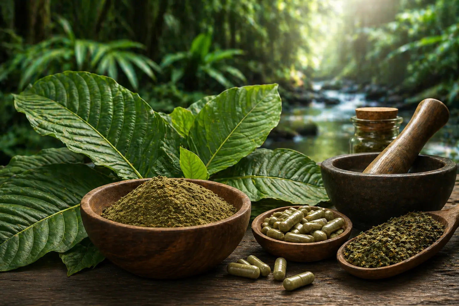 Kratomin lehdet, jauhe ja kapselit järjestettynä luonnolliseksi kasviperäiseksi kasvitieteelliseksi tuotteeksi trooppisessa ympäristössä