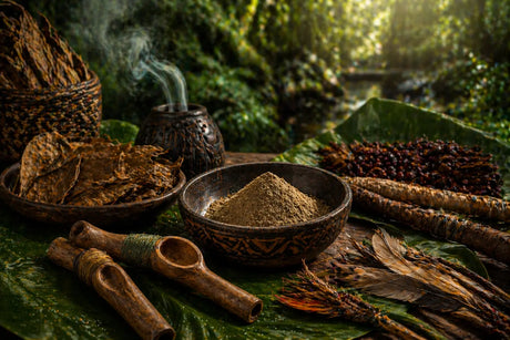  Amazon ceremonial rapé preparation with mapacho tobacco, herbal powders and traditional tools in rainforest setting