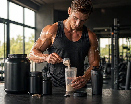 Athlete in gym preparing protein shake with whey, BCAA and fatburner supplements on training table after workout.