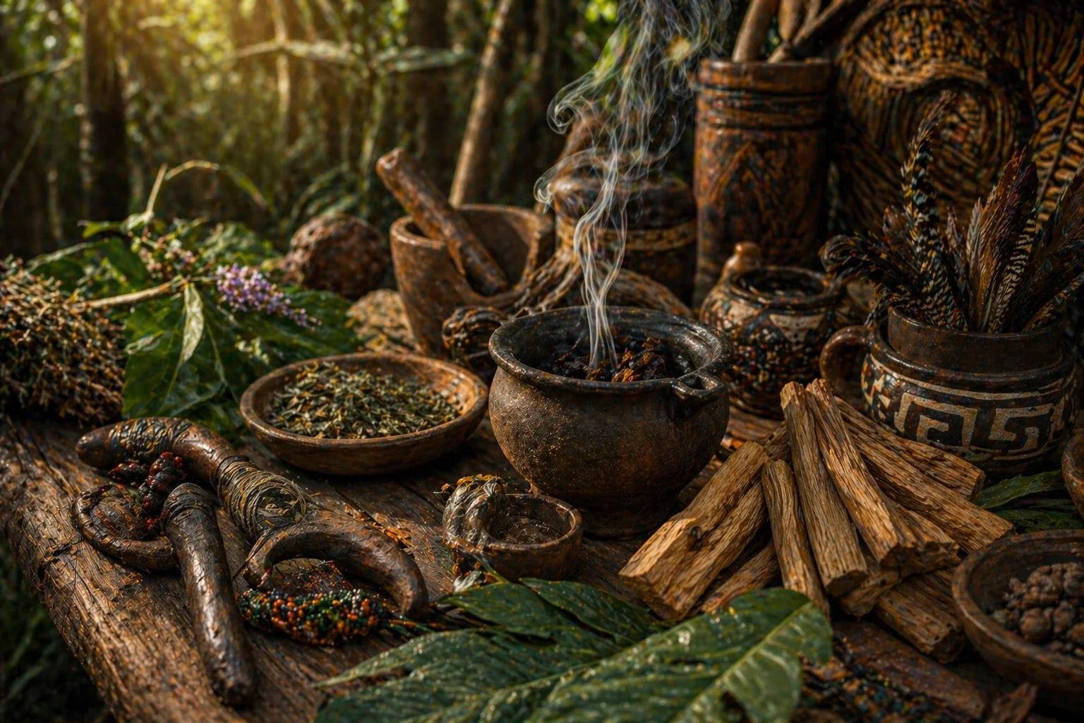 Rustieke tafel met ceremoniële kruiden, Palo Santo en sjamanistische planten in een warme, spirituele sfeer met zachte rook en natuurlijk licht.