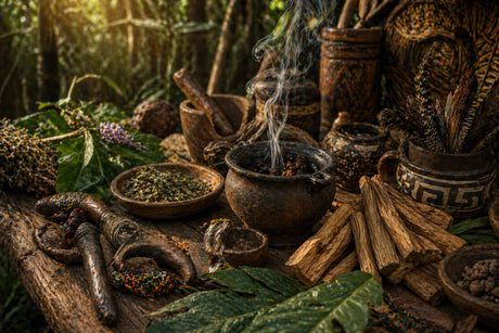 Rustieke tafel met ceremoniële kruiden, Palo Santo en sjamanistische planten in een warme, spirituele sfeer met zachte rook en natuurlijk licht.