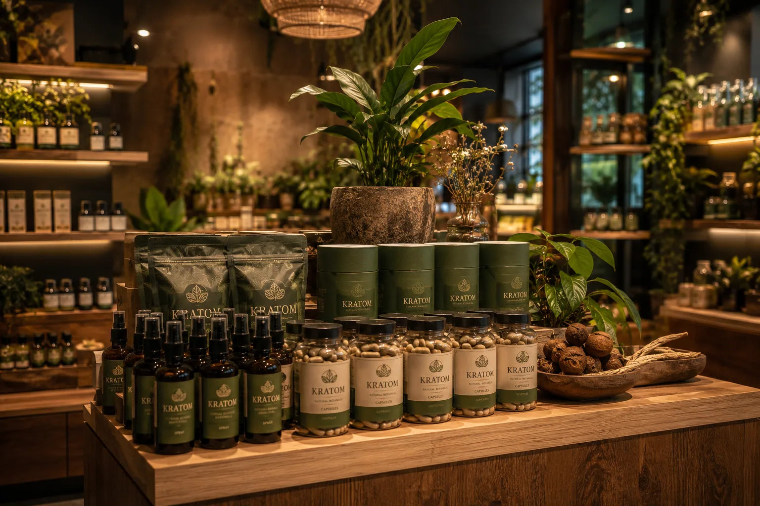  Capsules et sprays de kratom dans un environnement de smartshop néerlandais moderne