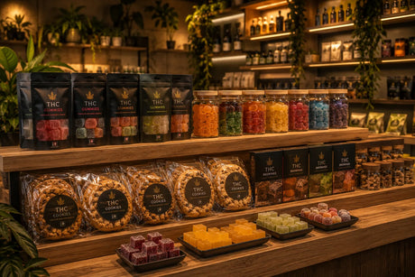   THC gummies en THC edibles producten in moderne Nederlandse smartshop presentatie