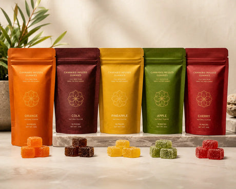 Kleurrijke HHC edibles gummies in verschillende smaken zoals orange, cola, pineapple, apple en cherry op een moderne tafel.