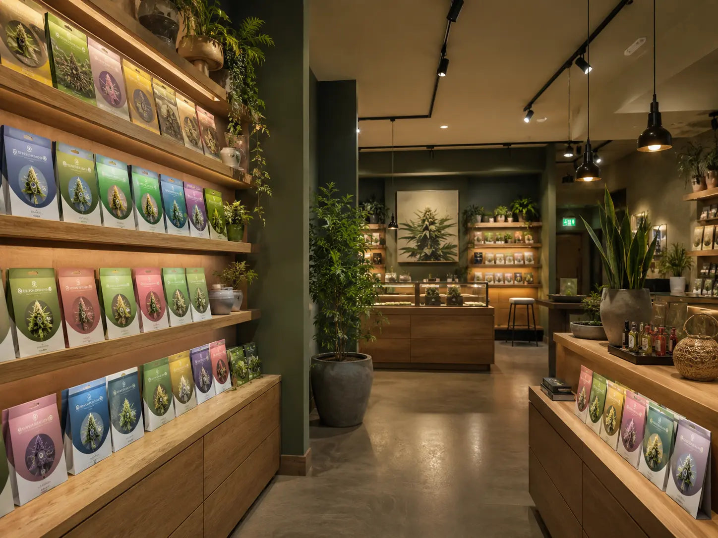Royal Queen Seeds cannabis seed packaging displayed in a modern Dutch seedshop interior with warm lighting and wooden shelves.