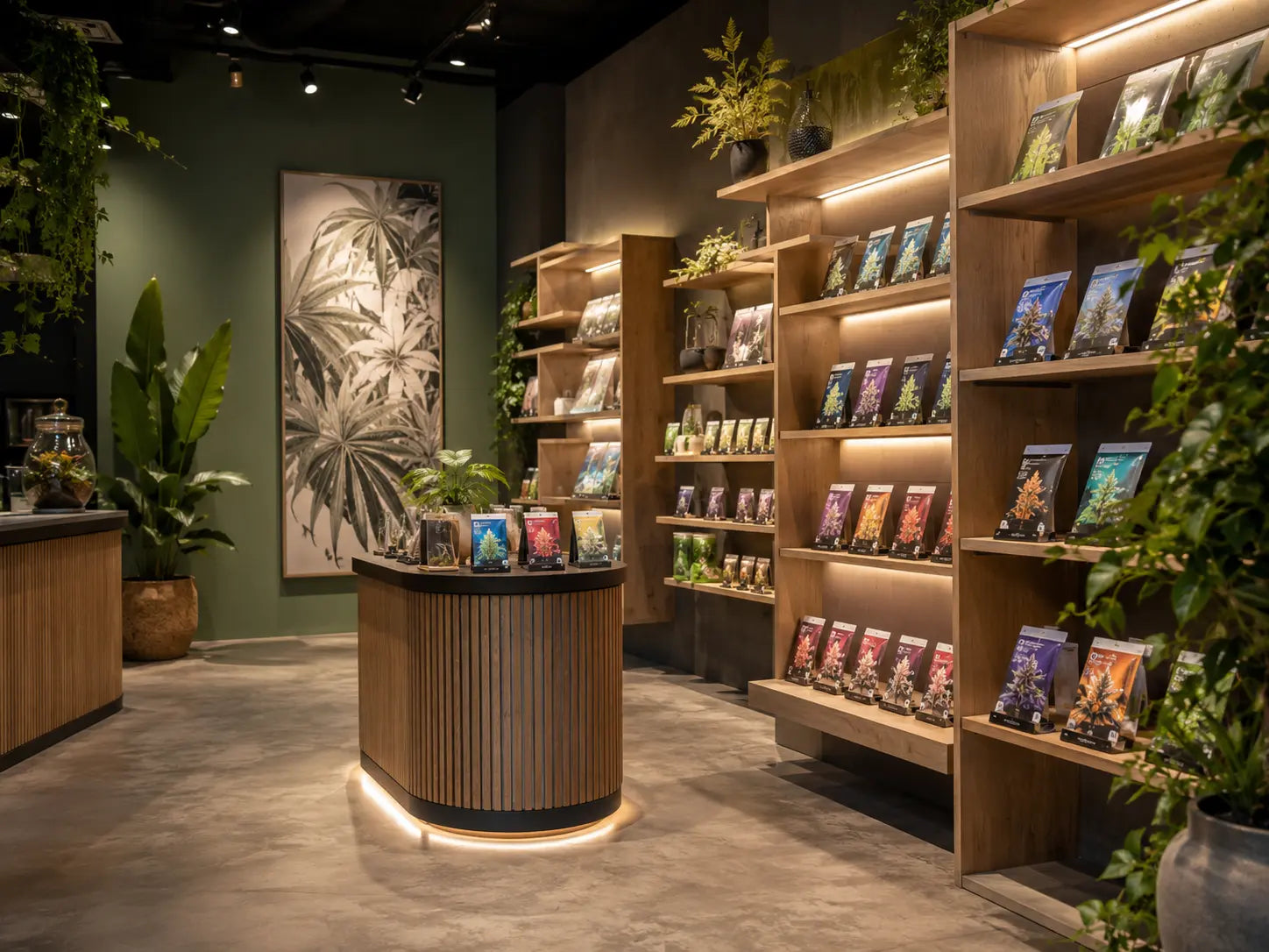 Royal Queen Seeds cannabis seed collection displayed on wooden shelves inside a modern Dutch seedshop environment.