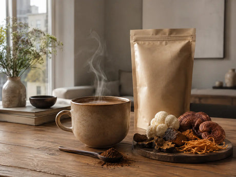 Clearly Not Coffee mushroom cacao drink with functional mushrooms in a modern wellness setting