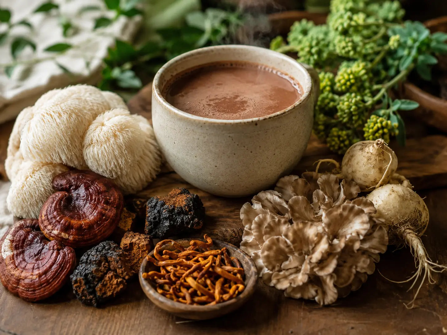 Functional mushrooms and adaptogenic herbs used in Clearly Not Coffee displayed beside a warm cacao wellness drink